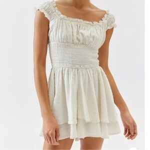 NWT! Urban Outfitters Rosie Romper Ivory w/ Smocked Bodice and Tiered Hem Size L